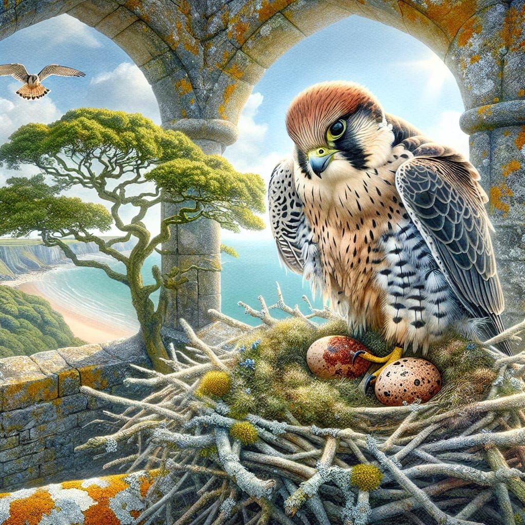 Majestic Peregrine Falcon in Castle Ruin Nest
