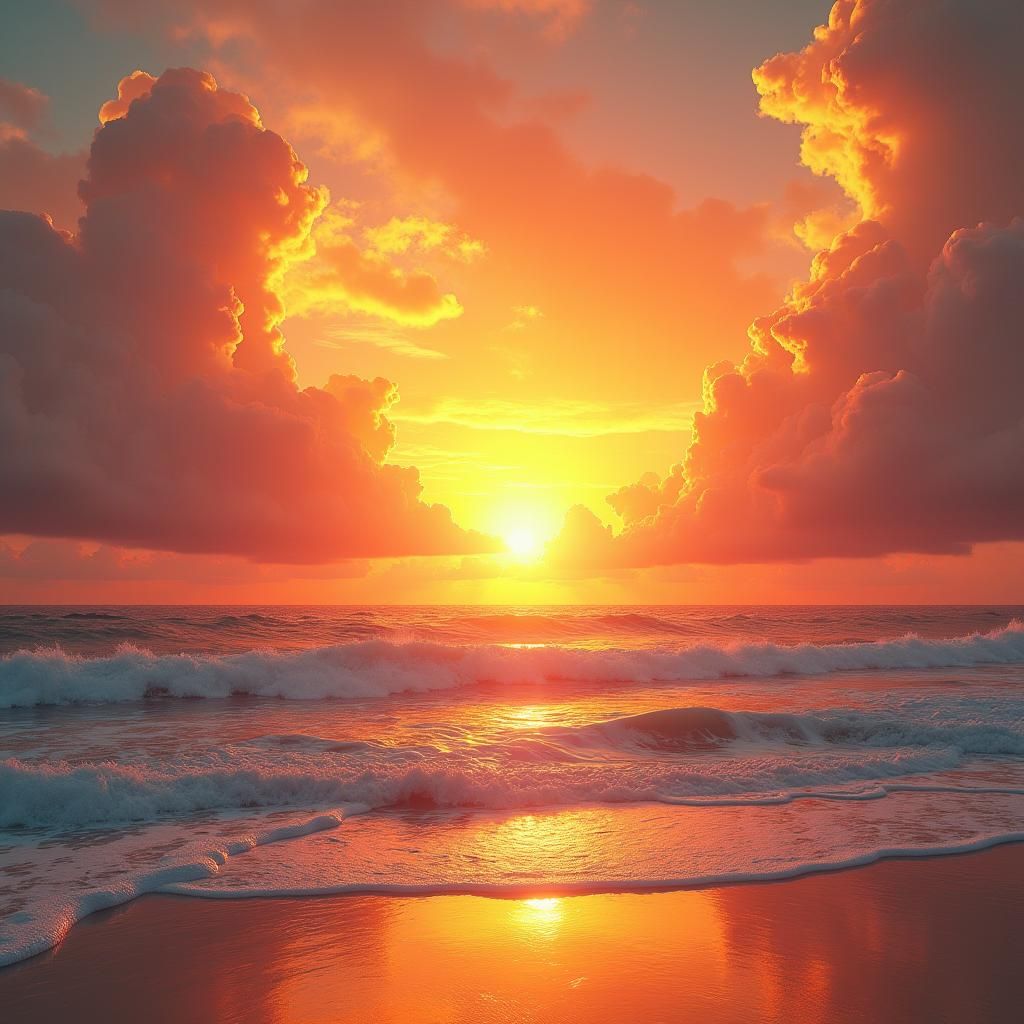 Seashore Sunset Painting with Explosive Clouds