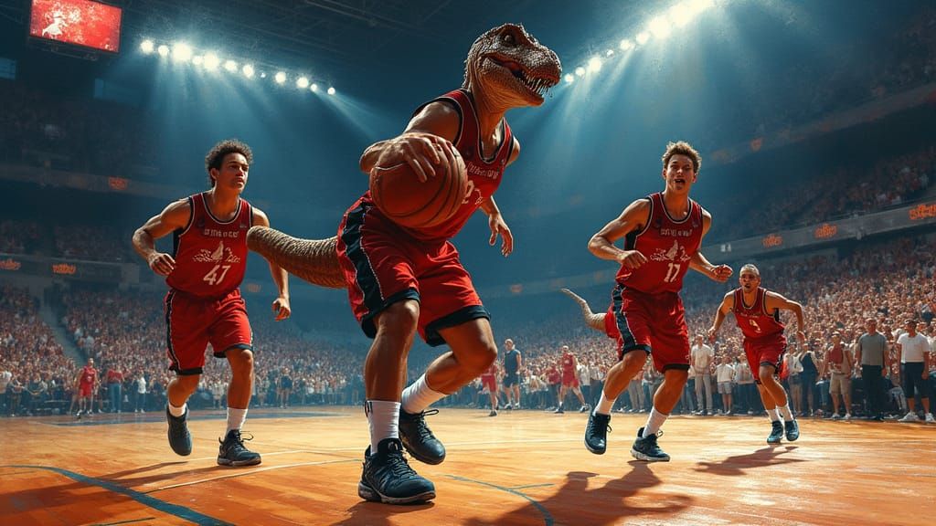 Velociraptors Play Basketball in Vintage Poster Art
