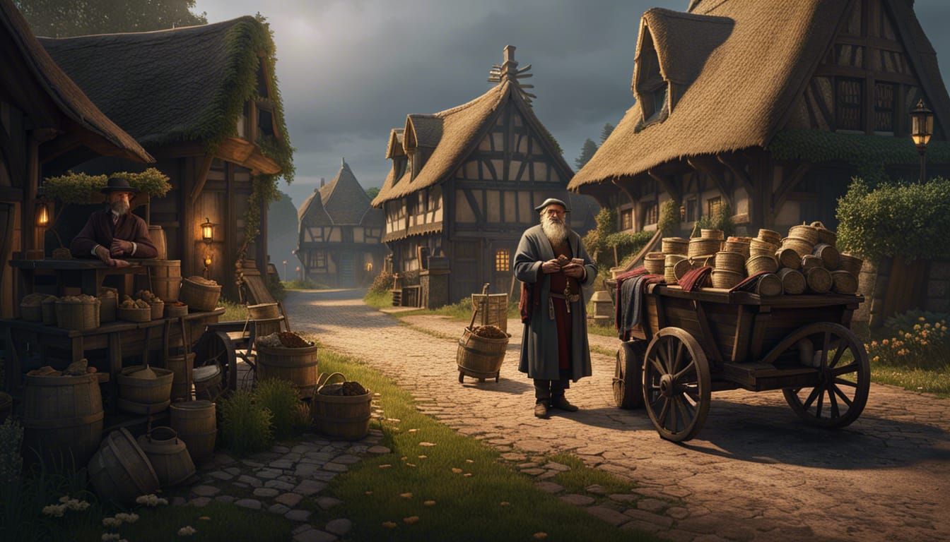Medieval Merchant's Cart on Country Track: Dark Fantasy Art