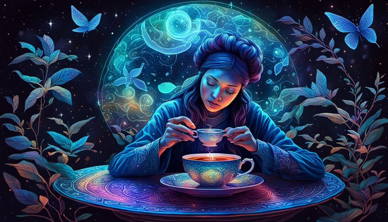 Mystical Woman Reading Tea Leaves: Astral Illustration