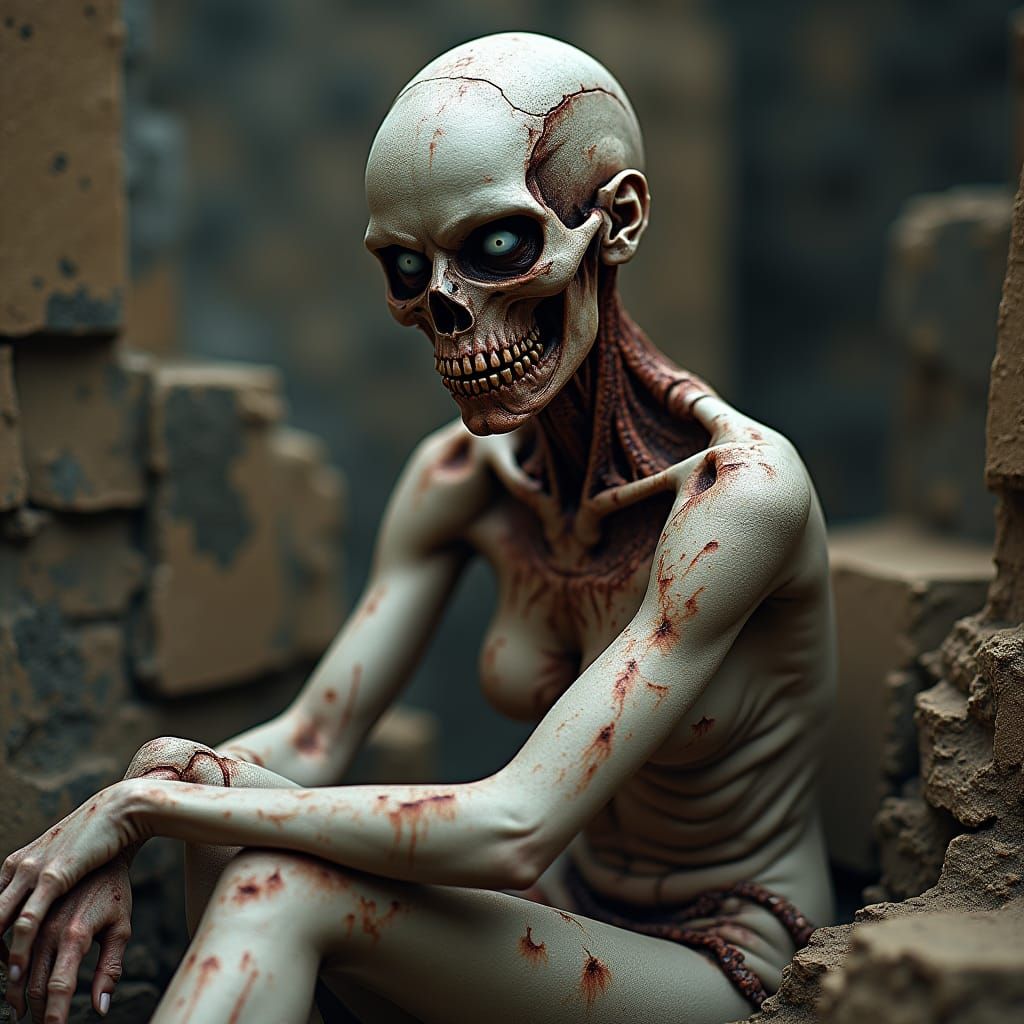 beautiful zombie, contemplative, casual, juxtaposition, rotting, fantasy, stunning face, evil, modern, jarring, stunning...