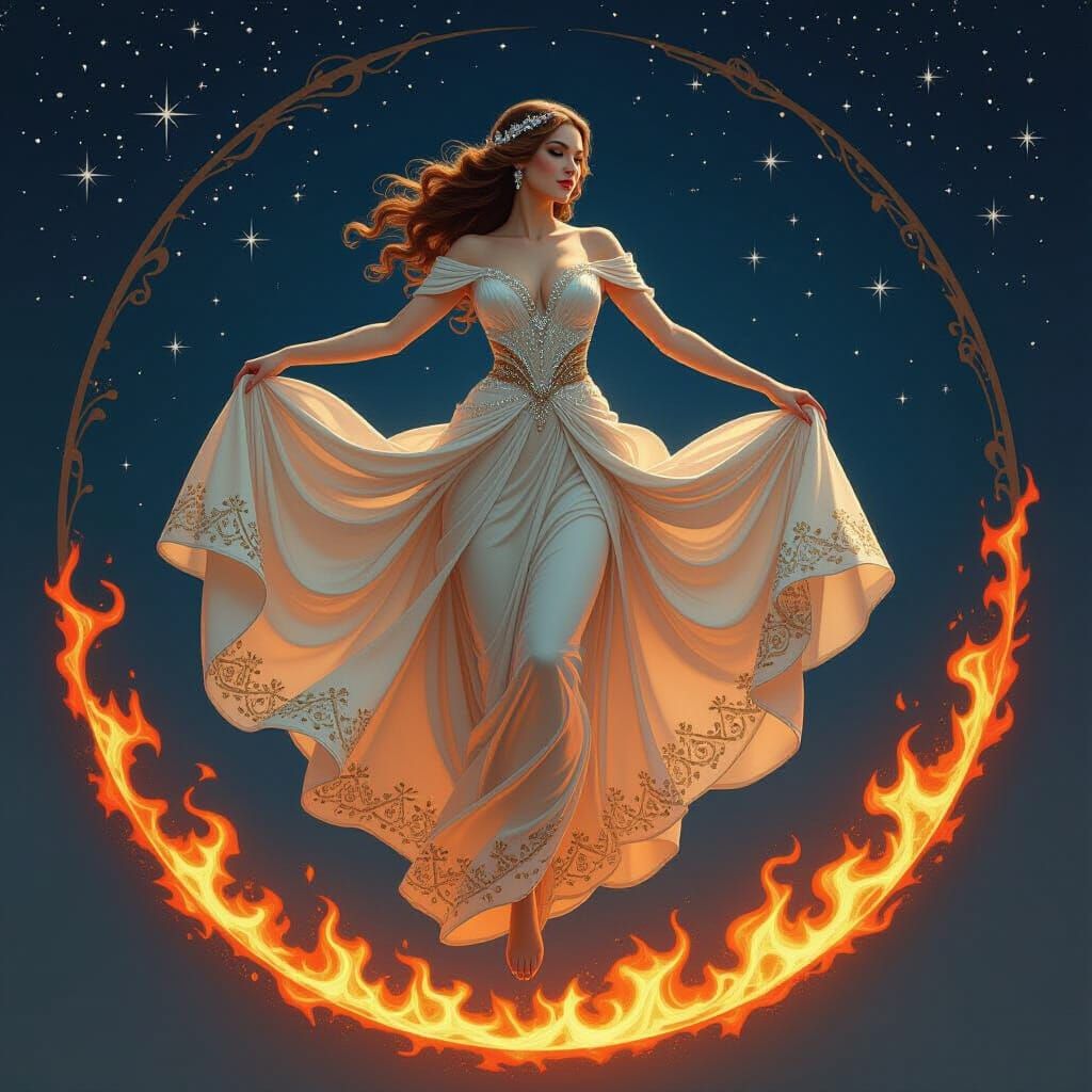 Woman in Crystal Gown Above Fire Ring in Night Sky