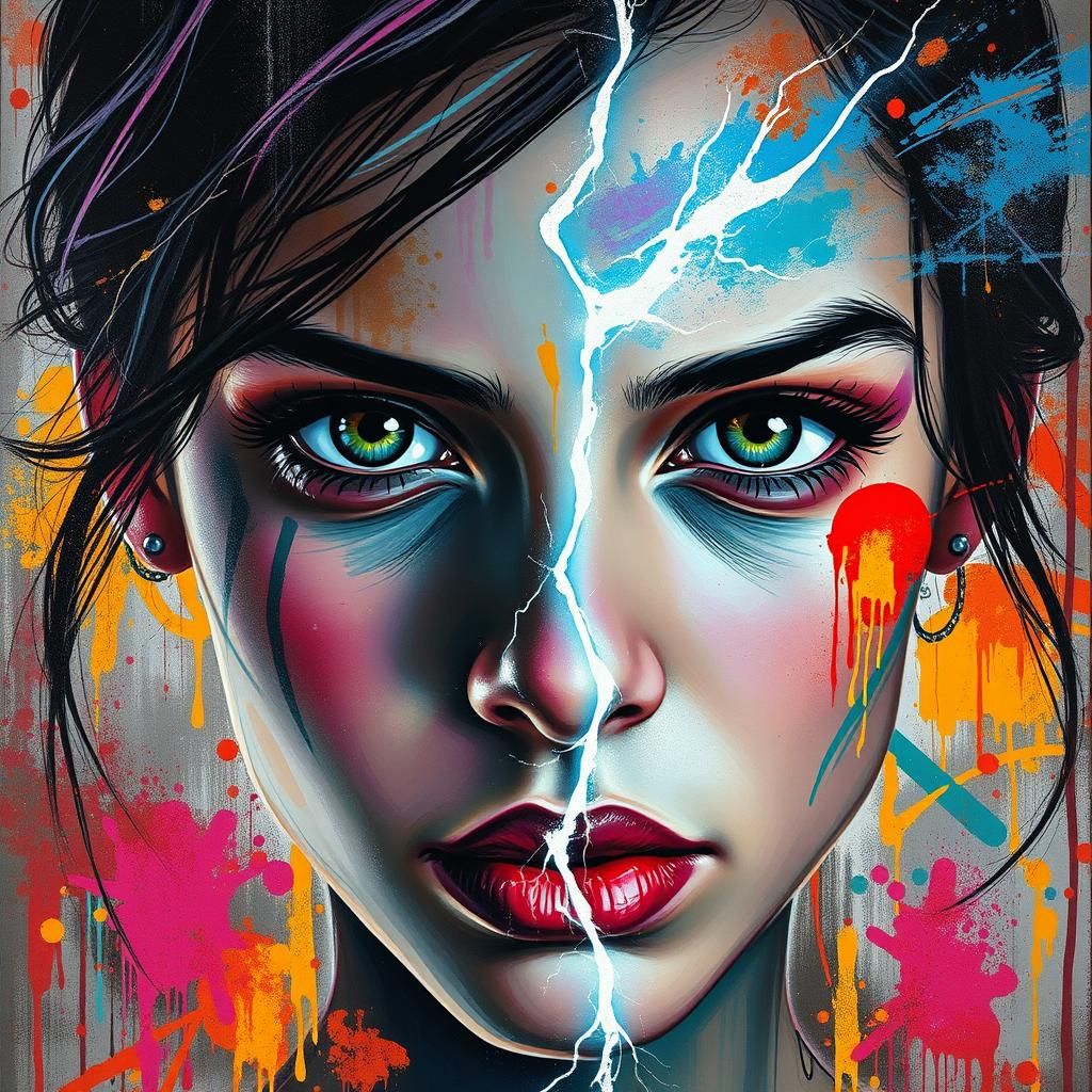 Woman's Graffiti Portrait with Lightning, Digital Painting