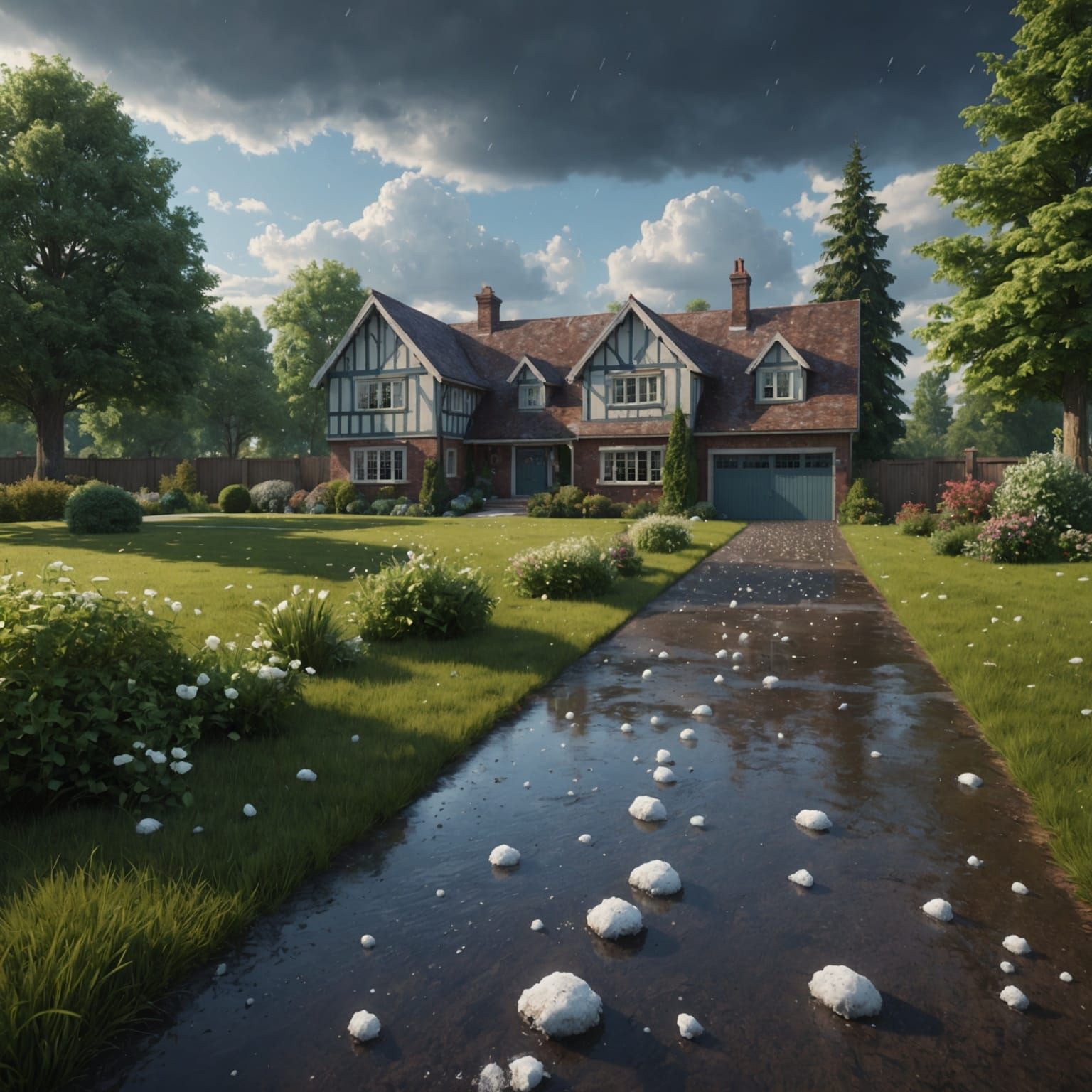 Hailstorm over Front Lawn: Detailed Matte Painting