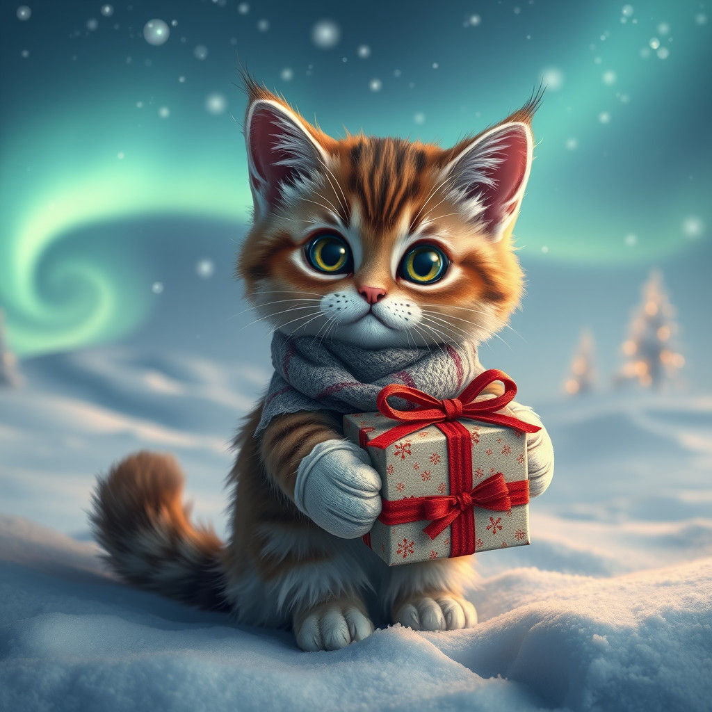 Festive Cat Celebrates Christmas in Snowy Landscape