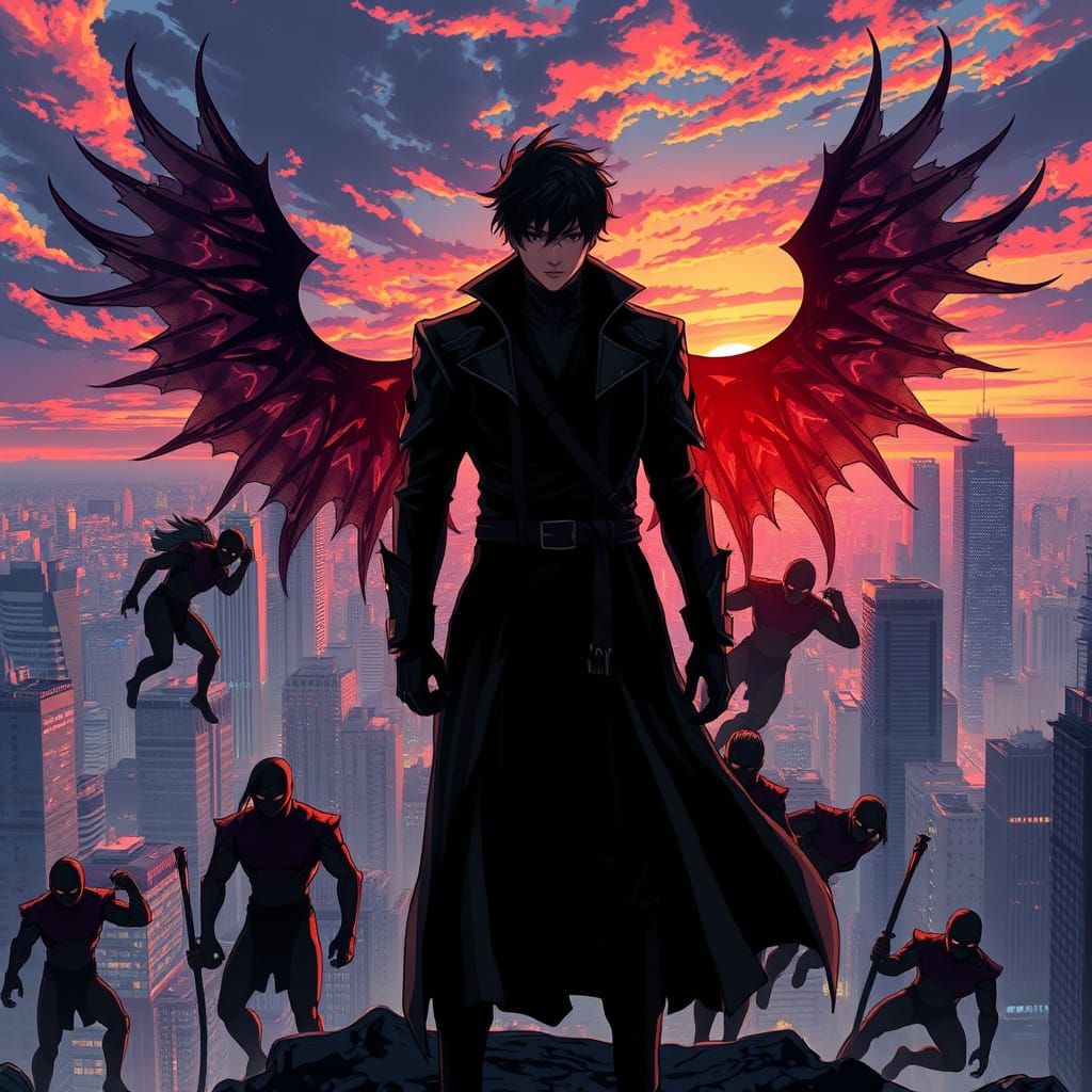 Heroic Figure Amidst Urban Landscape in Dark Anime Style