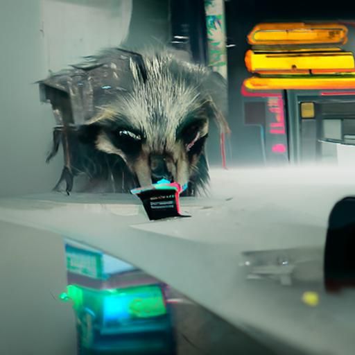 Cyberpunk Racoon Scavenging in Neon Cityscape