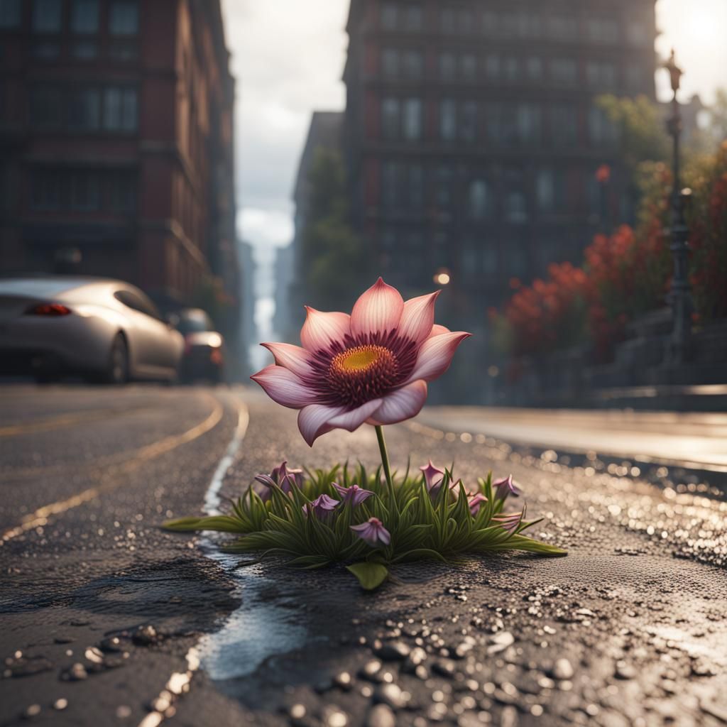Delicate Flower Emerges From Pavement: Detailed Matte Painti...