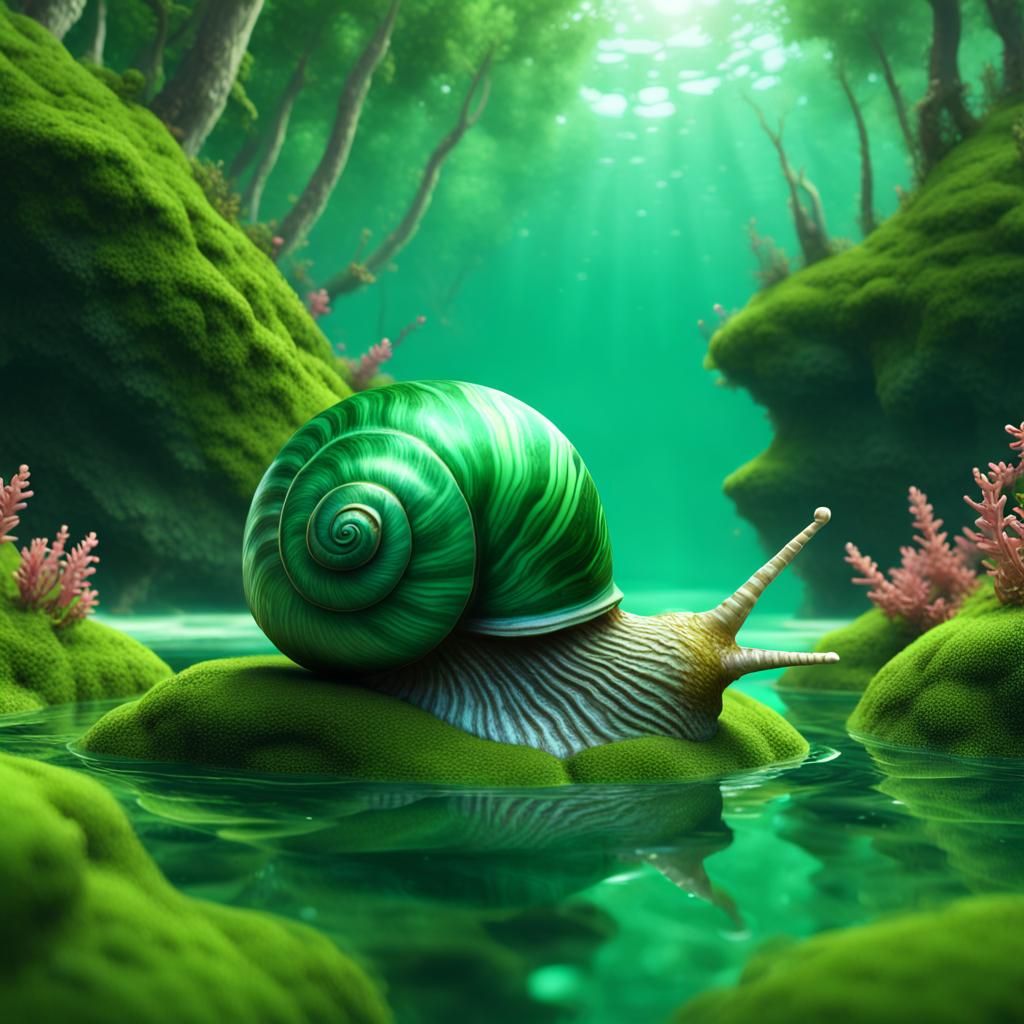 Emerald Sea Snail on Green Beach: Fantasy Art