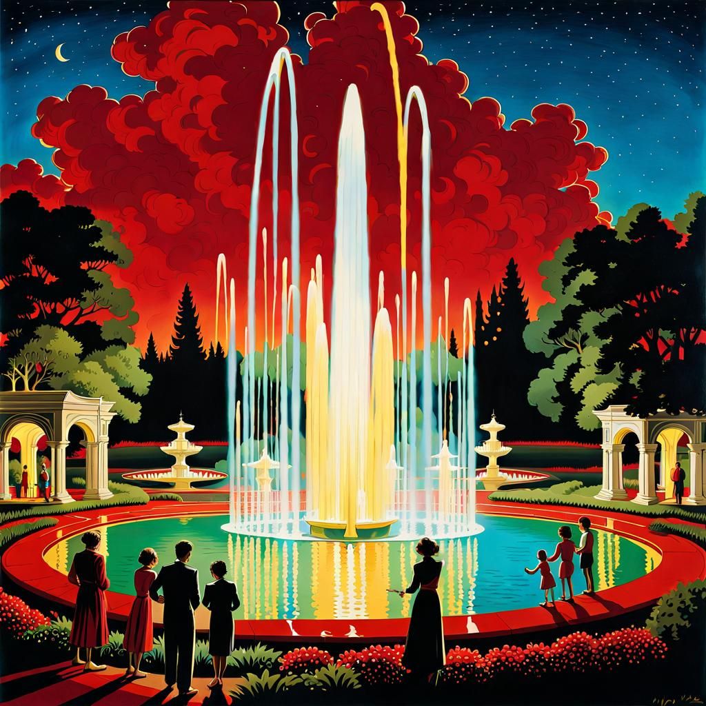 Retrofuturistic Fountain Photograph with Colorful Water Jets