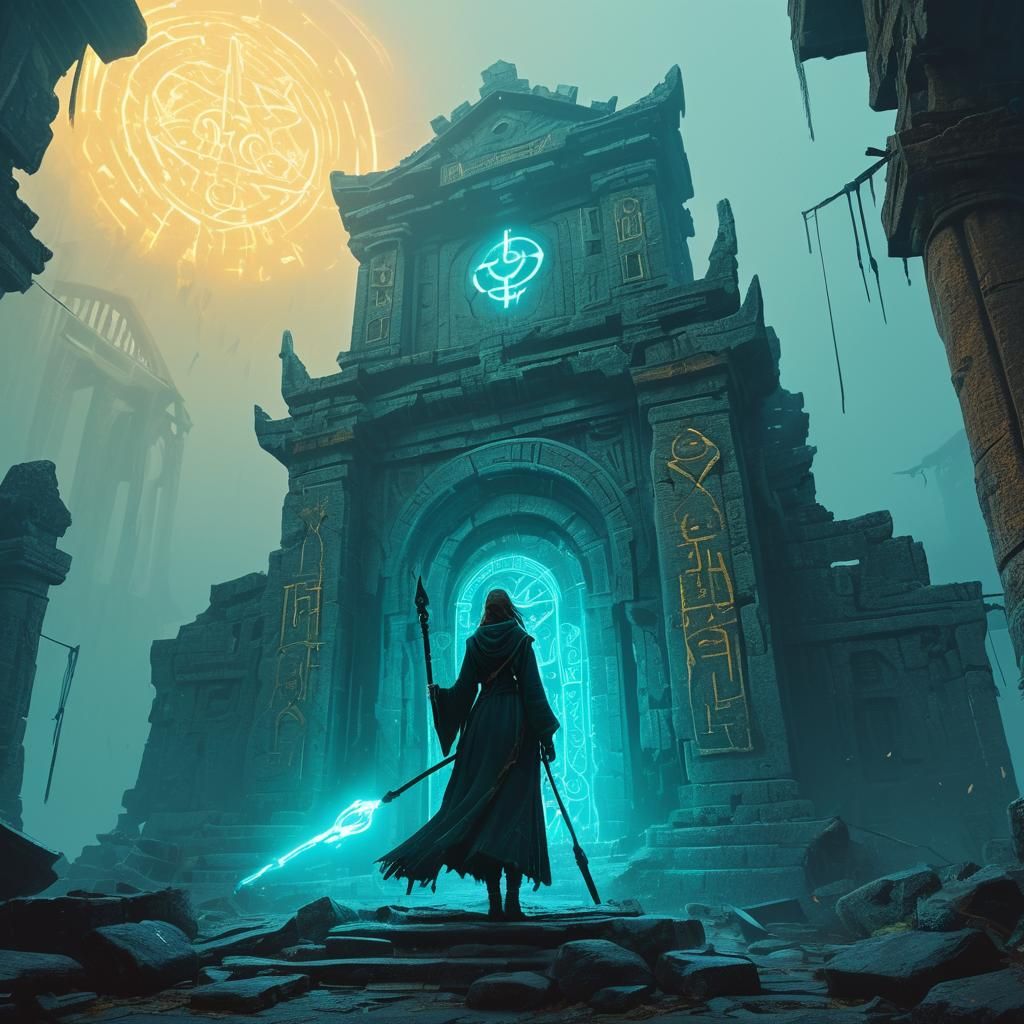 Jinxed Sorceress Conjuring Magic in Ancient Temple