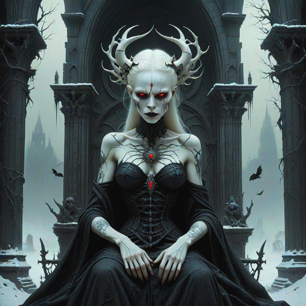 Albino Demoness on Skull Throne, Dark Fantasy Art