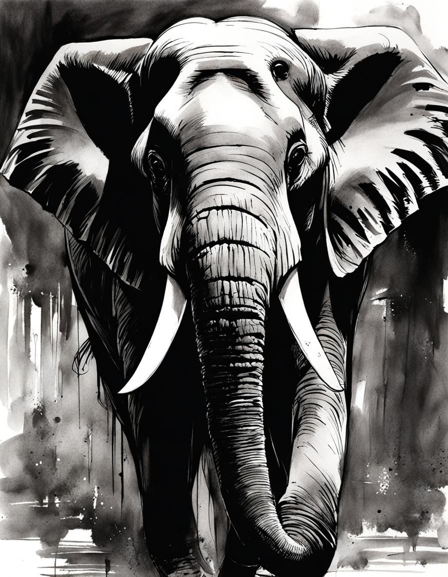 Elephant Drawing in Sumi-e Style Concept Art