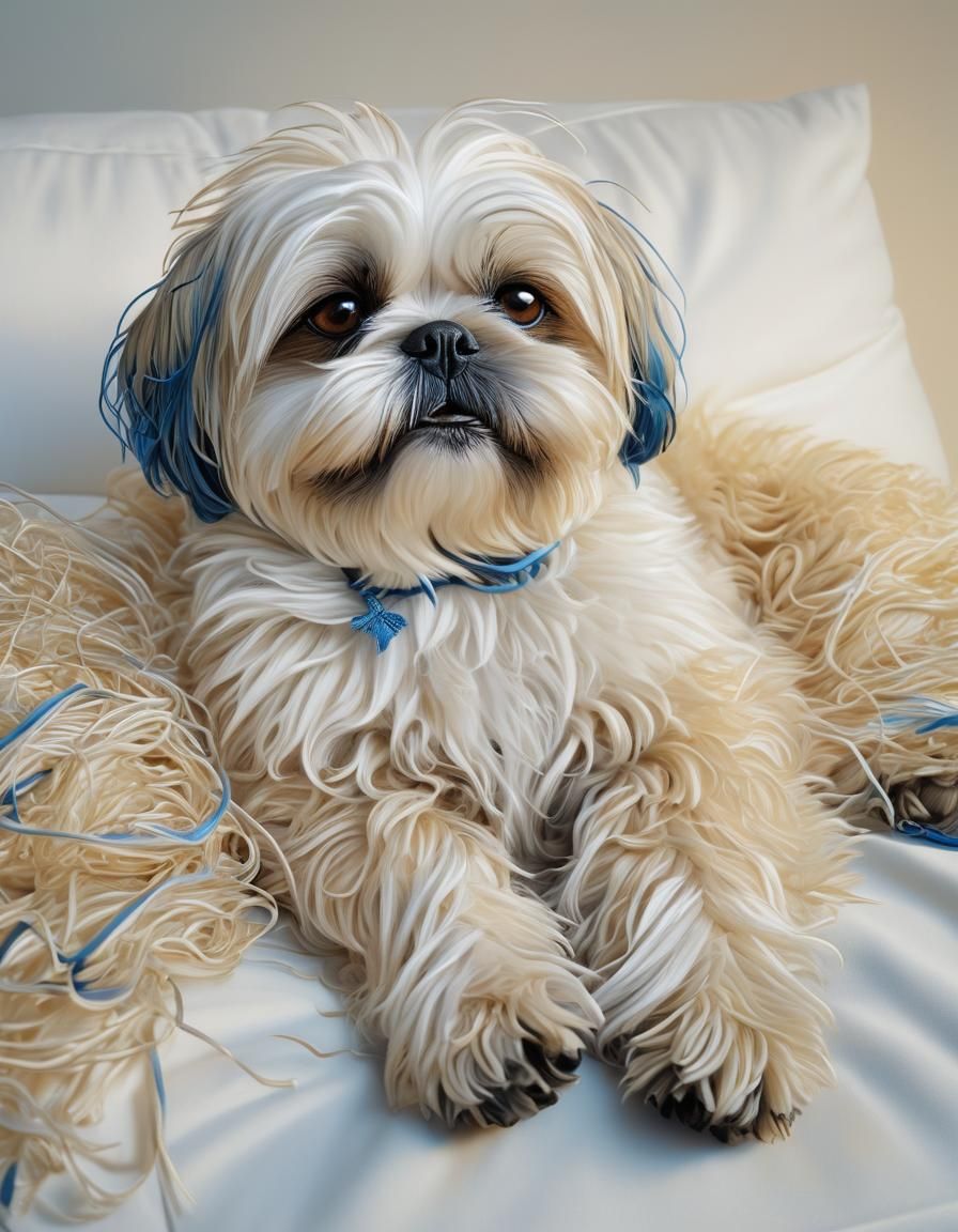 "art of string ,close-up of a small, scruffy shih tsu dog made with string,
sleeping on a white sofa. The Shih Tzu dog h...