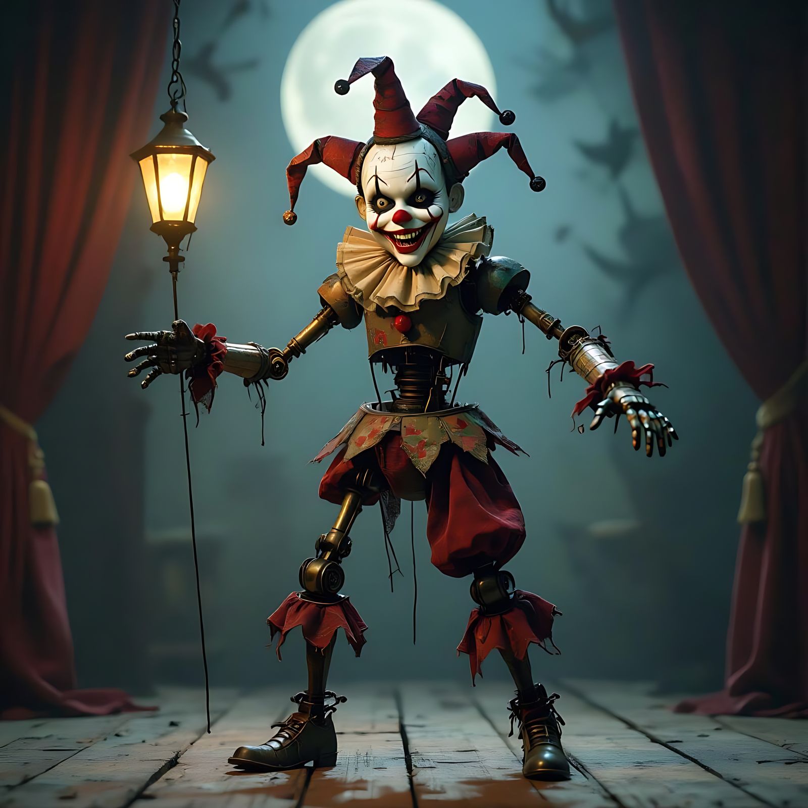 A grotesque biomechanical jester marionette with rusted meta...