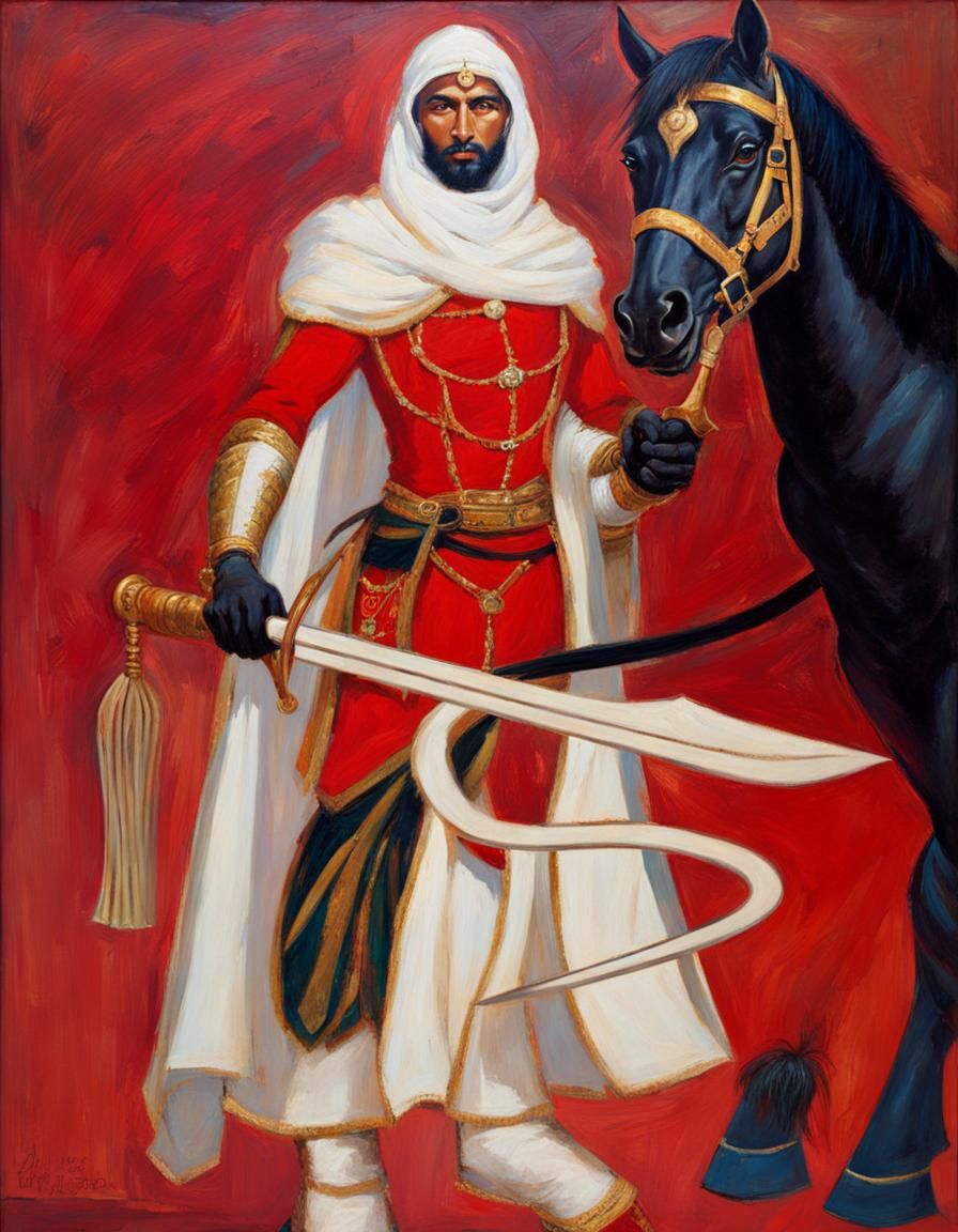 Arabian Warrior on Black Horse in Oil Painting Style
