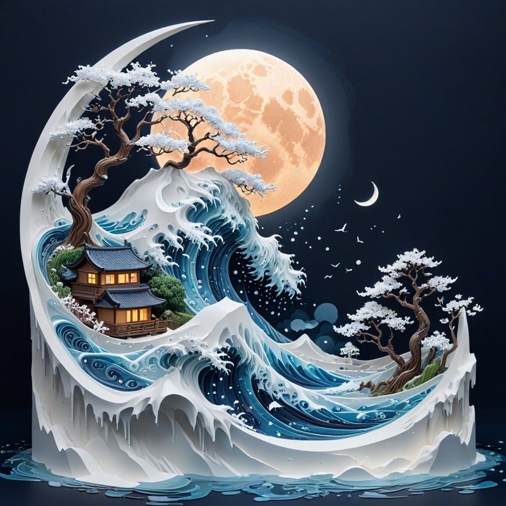 Frozen Village Amidst Ocean Waves in Japanese Sumi-e Style