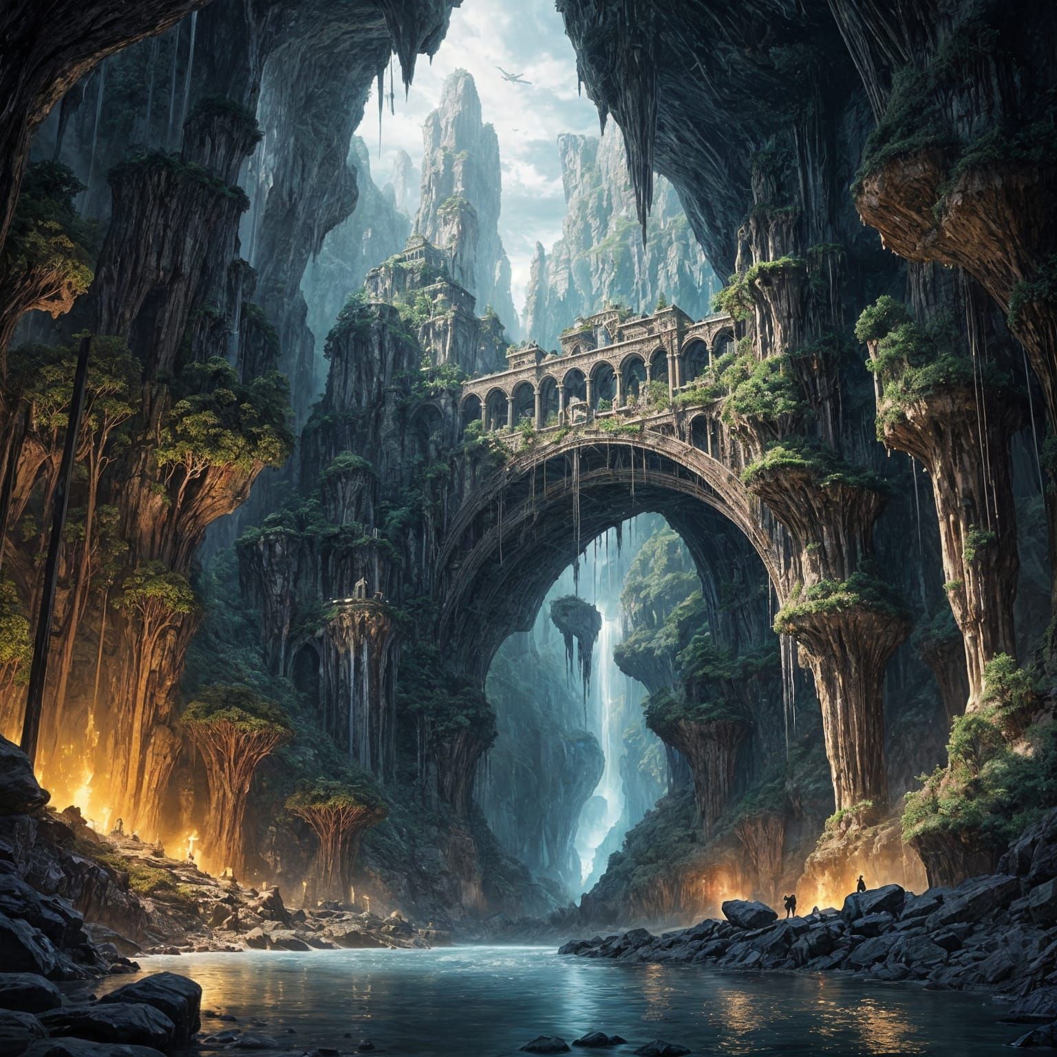 Vast Underground City Illuminated by Crystals