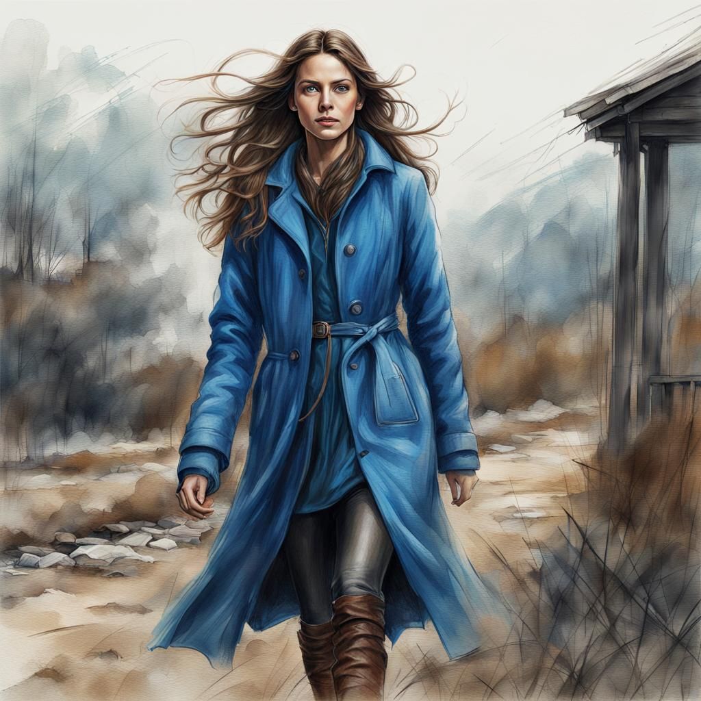 Hyperrealistic Woman in Blue Coat Digital Painting