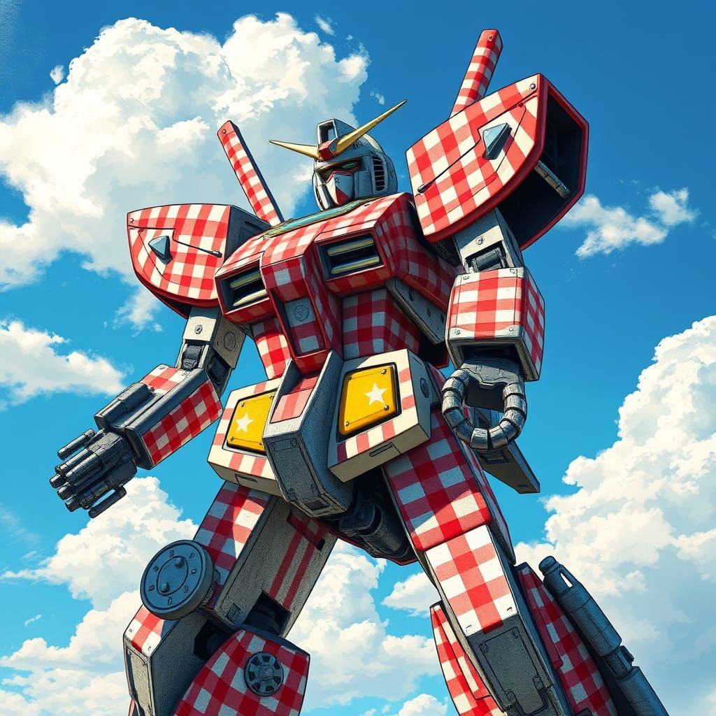 Futuristic Gingham Gundam Mech in Rustic Sci-Fi Style