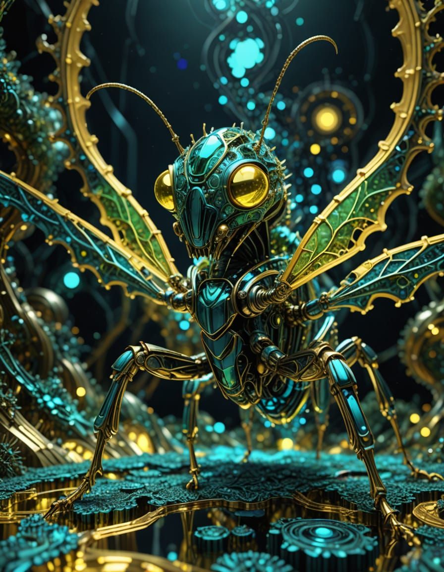 Metallic Mantis Crawls Cyberpunk Fractal Landscape