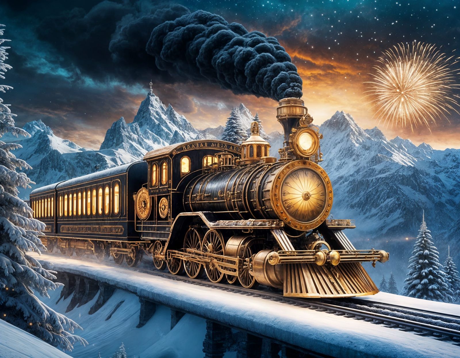 Surreal Steampunk Train Rides Across Snowy Peaks Under Chris...
