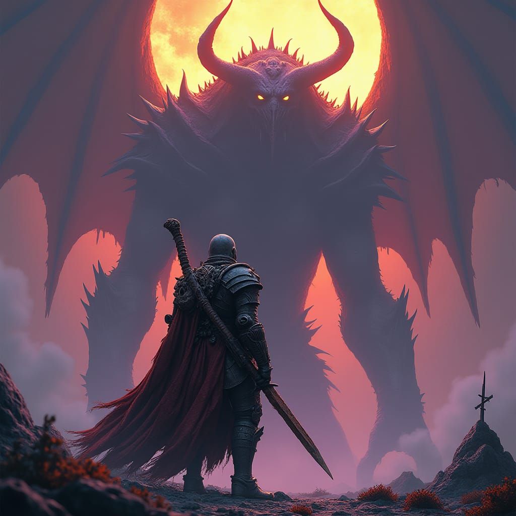 Tarnished Warrior Confronts Radahn in Dark Fantasy Landscape