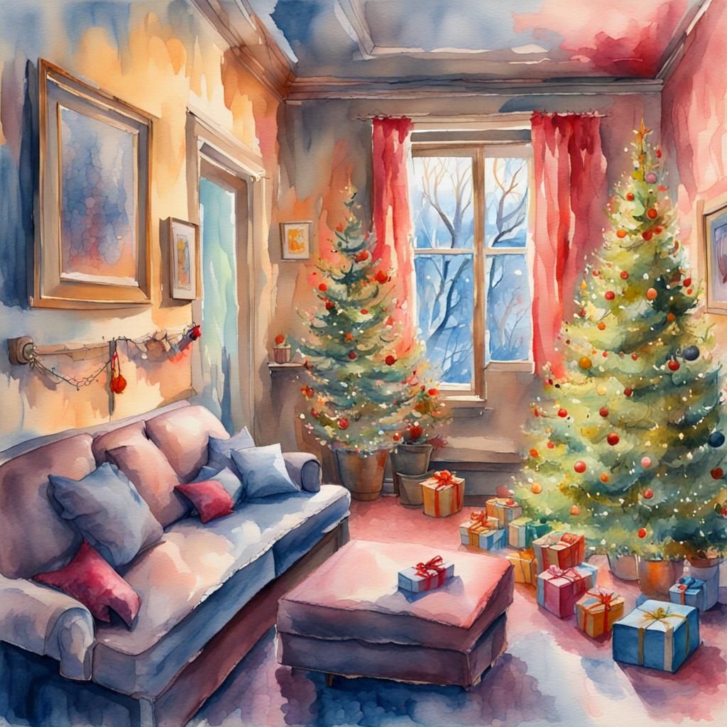 Christmas Room in Watercolour Gouache Style