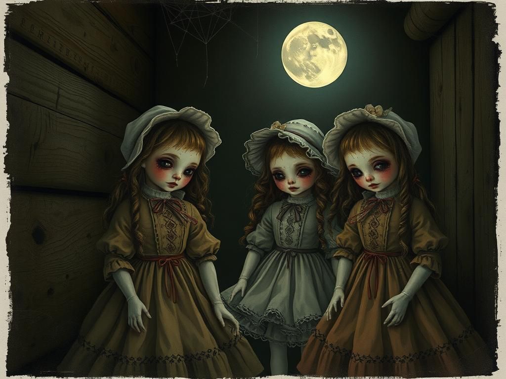 Eerie Porcelain Dolls in Abandoned Attic Illustration