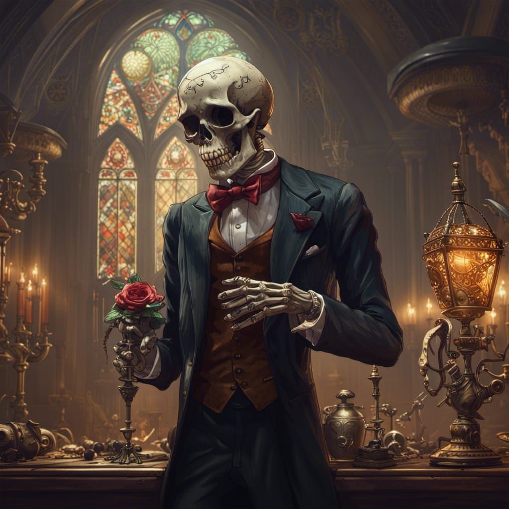 Hyperdetailed Skeleton Butler in Dark Fantasy Style