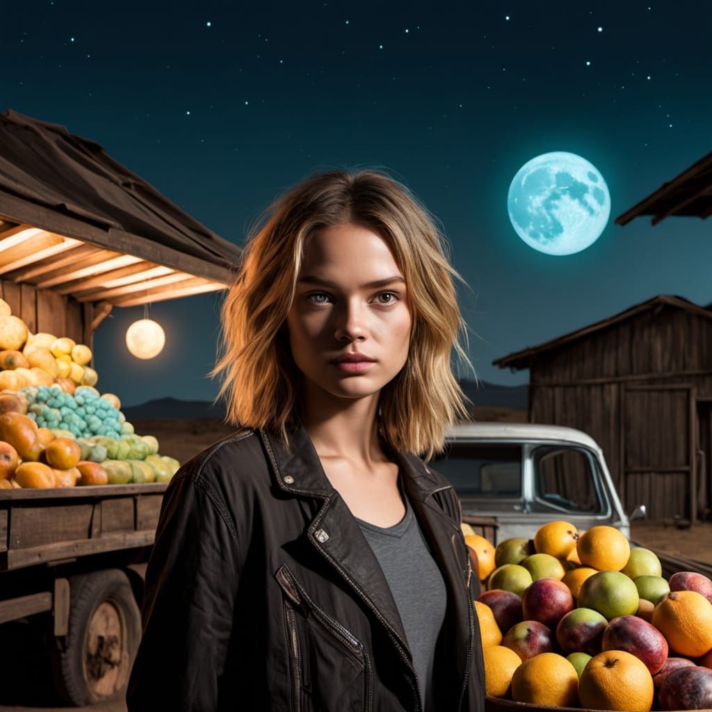 Alien Fruit Stand in a Surreal Desert Landscape