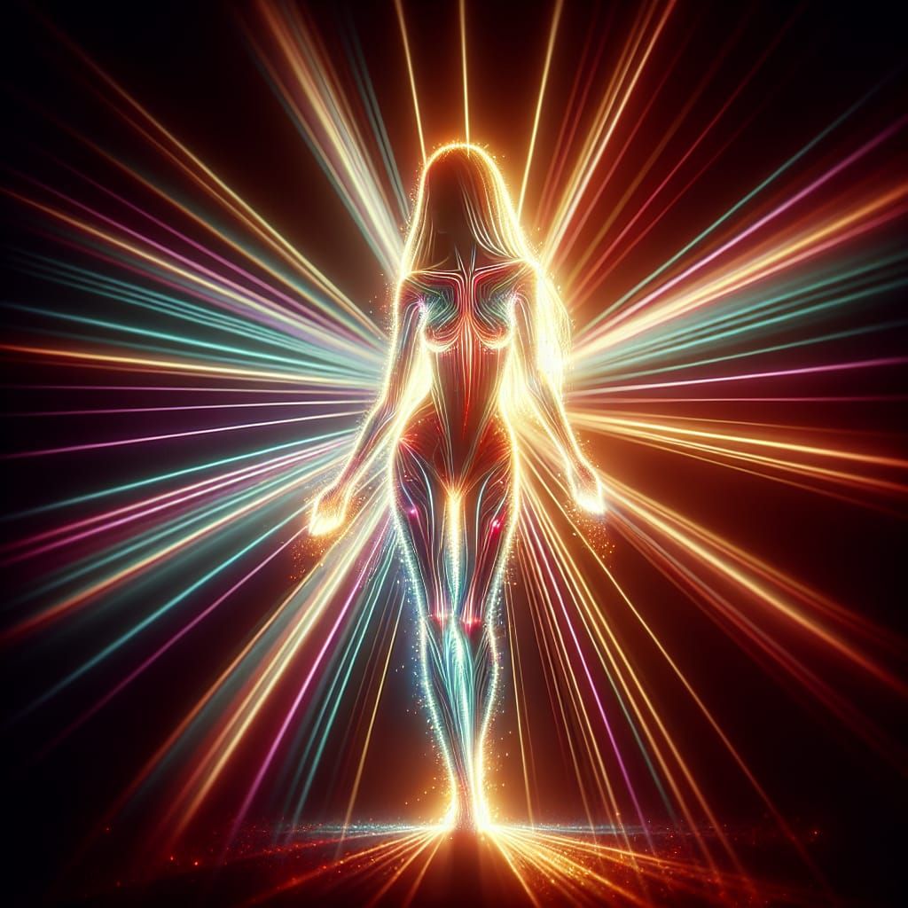 Ethereal Woman Outlined in Vibrant Beams of Light