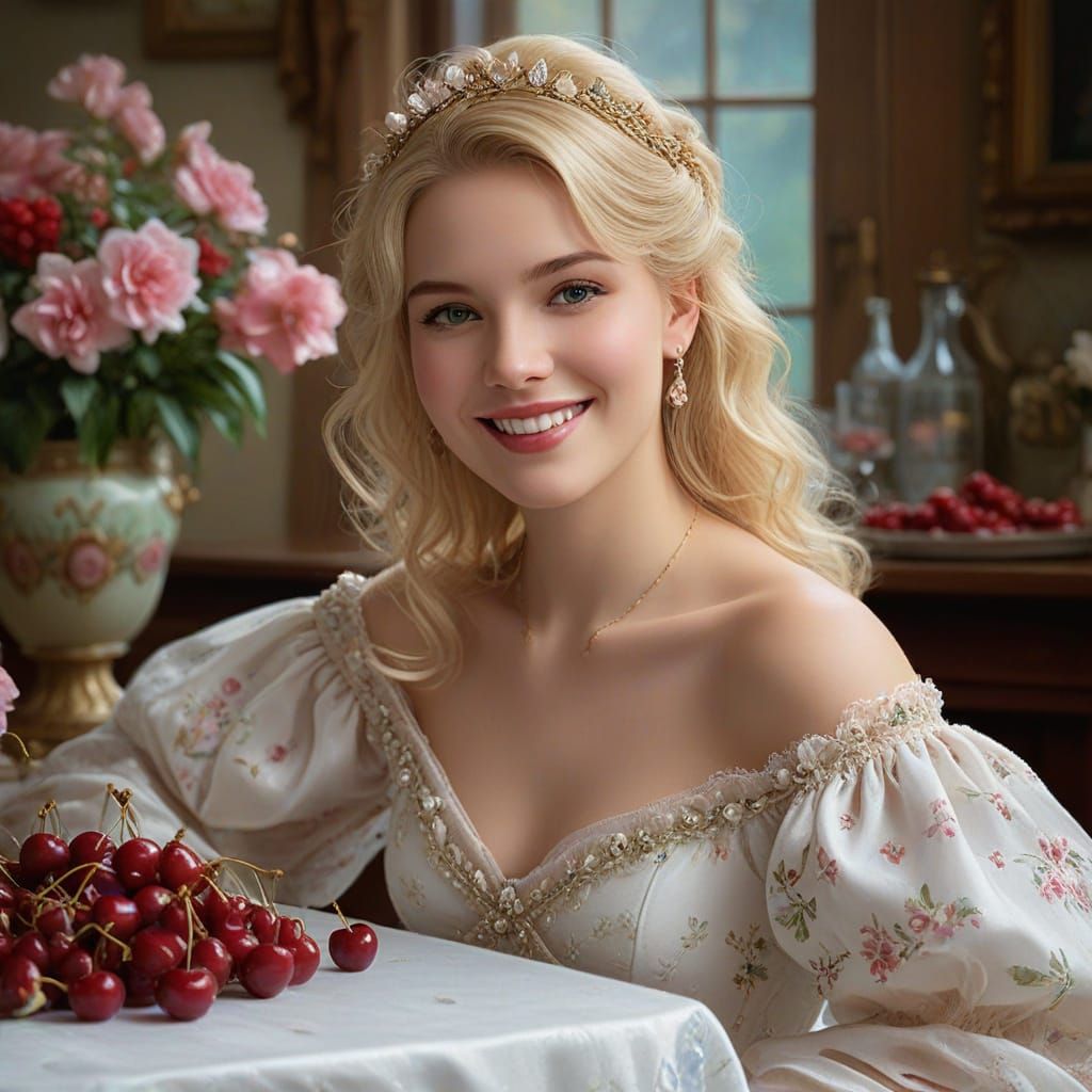 Ethereal Blonde Woman with Cherries, Painterly Style