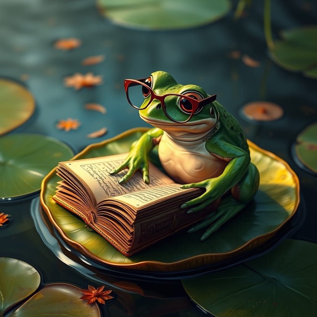 Serene Frog Reads on Emerald Lily Pad in Mystical Pond Scene