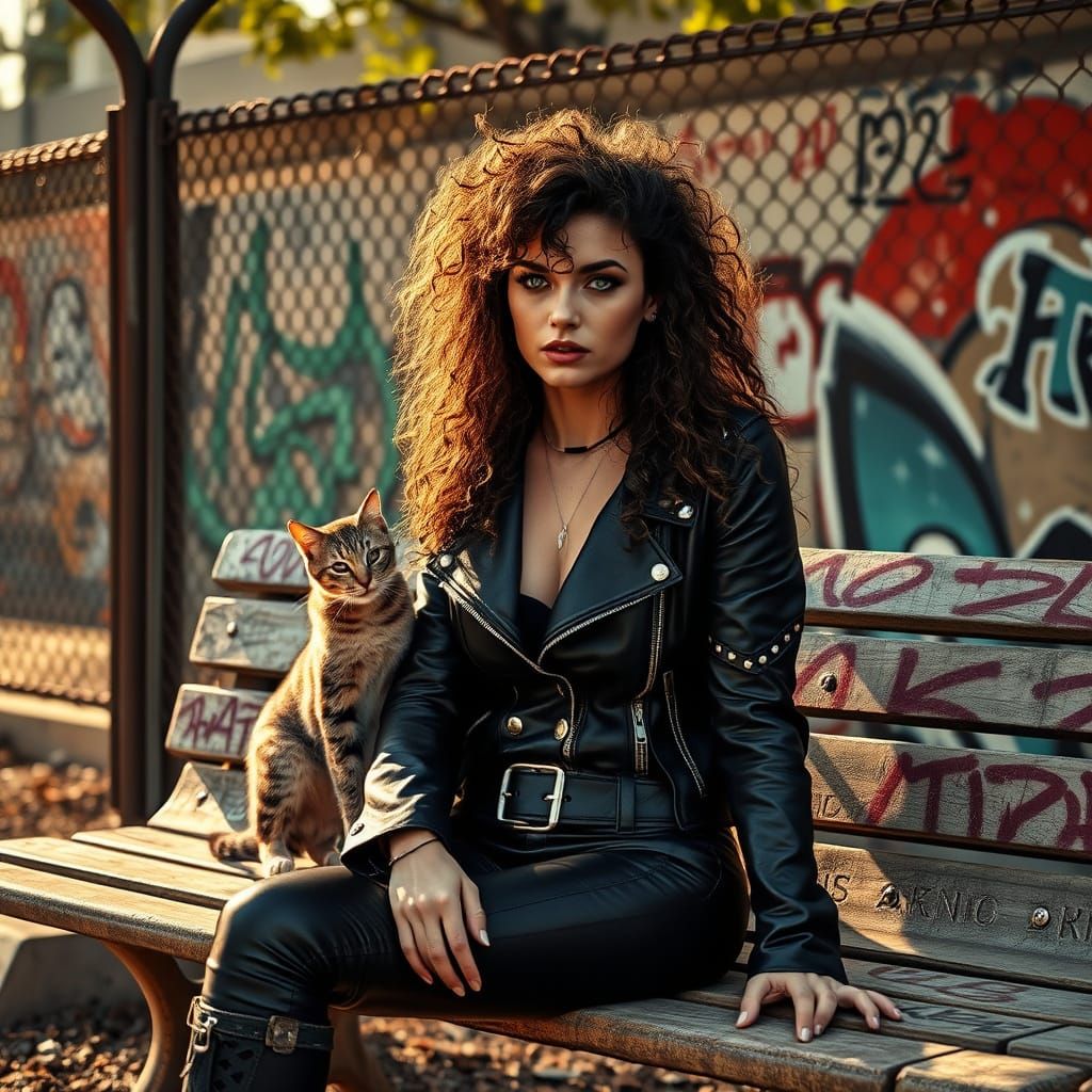 Gritty Woman Adores Tabby Cat in Urban Oasis