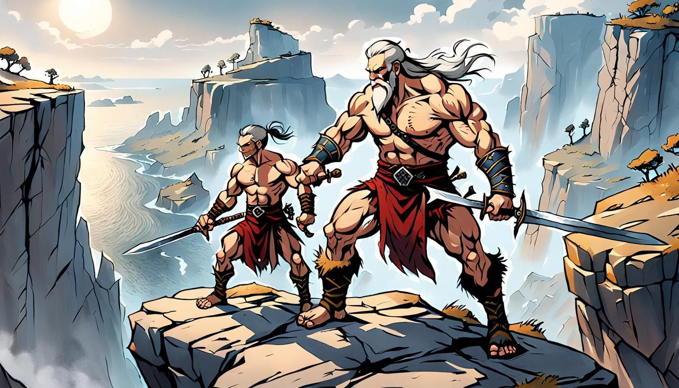 Barbarian Swordsman Training Apprentice on Cliff