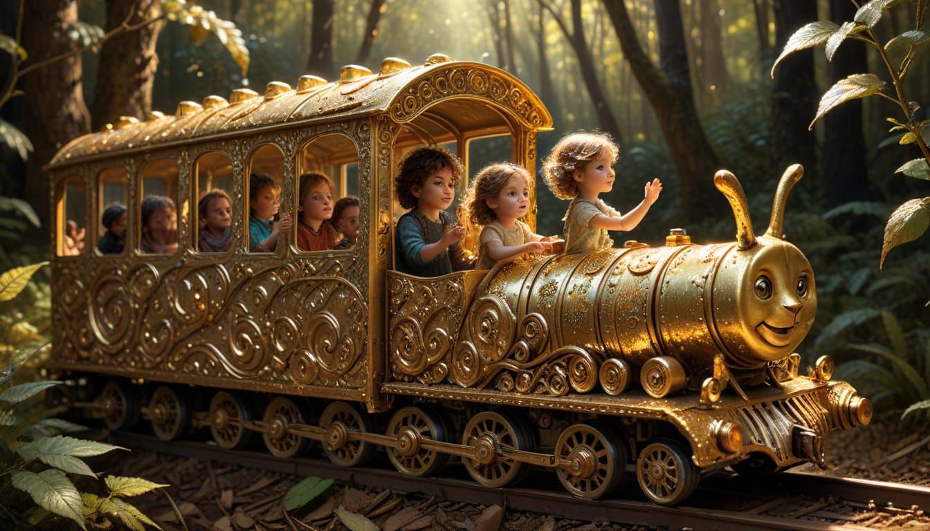 Fantasy Caterpillar Train in Whimsical, Golden Light