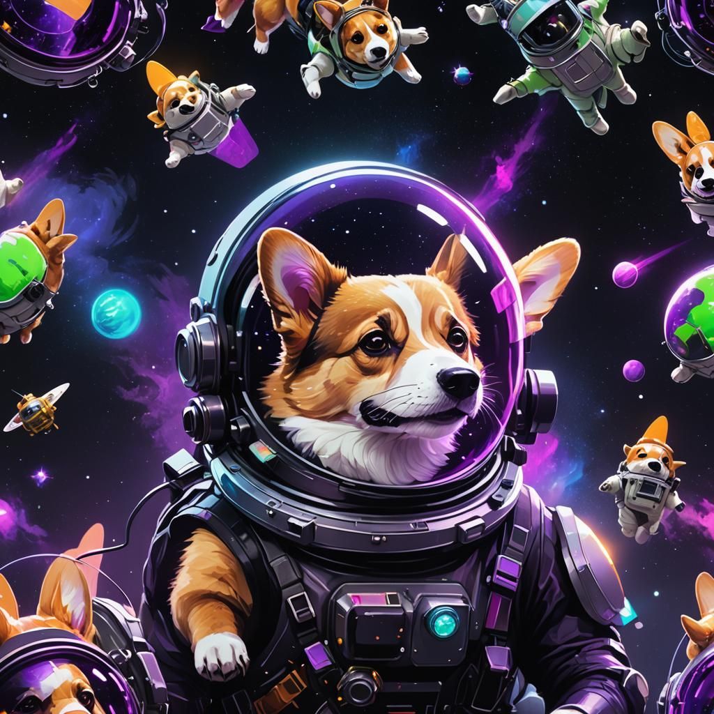 Corgi Astronaut Floating in Neon Space