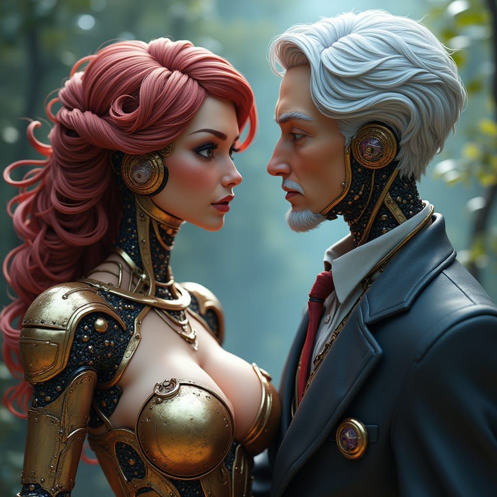 Seductive Steampunk Android Meets Elegant Gentleman in a Whi...