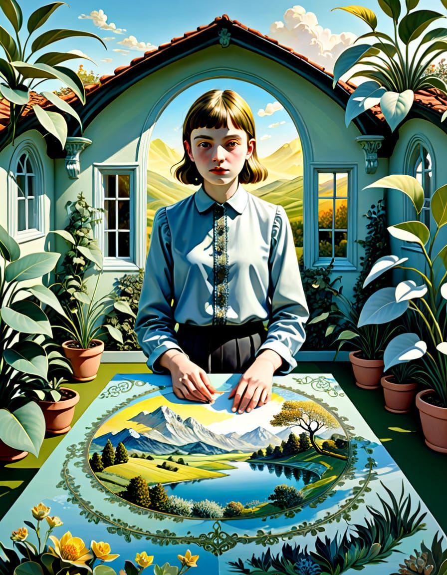 Ethereal Fashion House in Serene Sunny Landscape