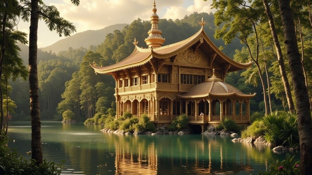 Fantastical Palace of Tiger Women in Jungle Clearing