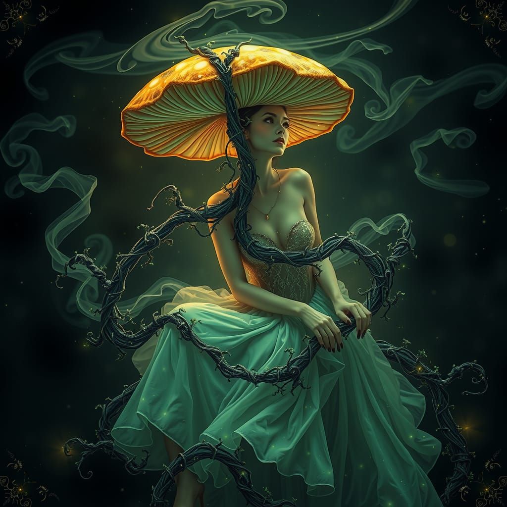 Mushroom Woman in Bioluminescent Fantasy Art
