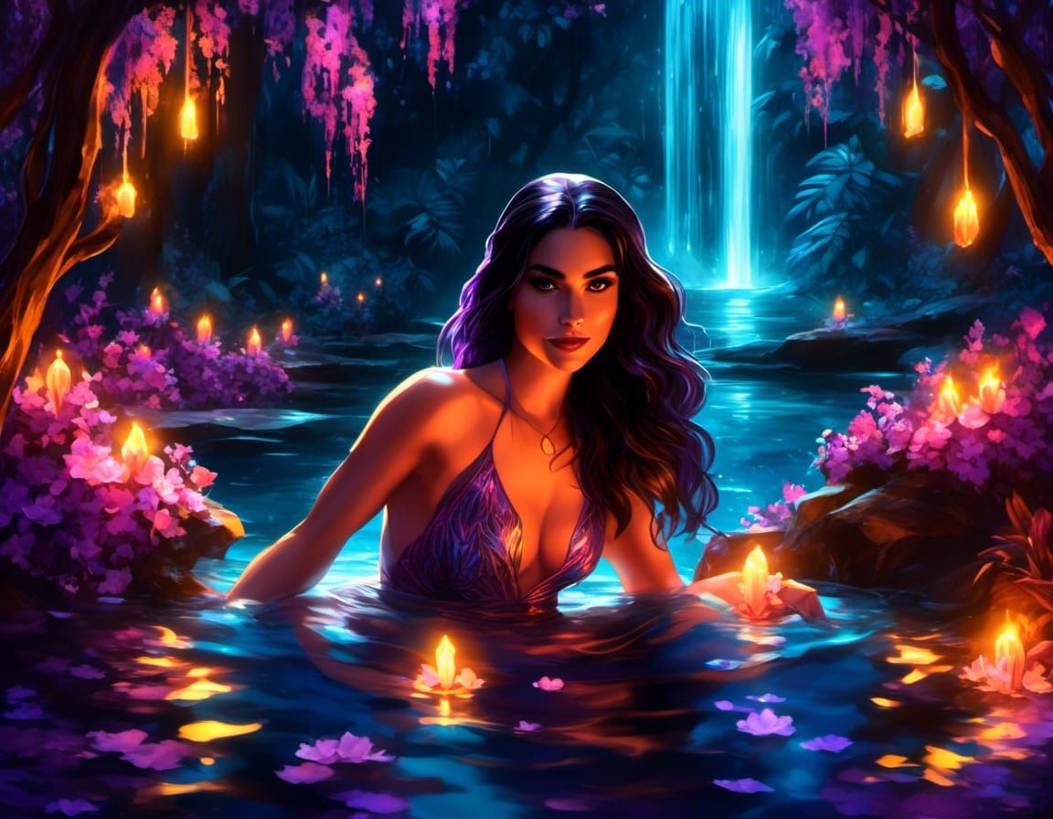 Brunette Girl Bathes in Magical Forest Pool
