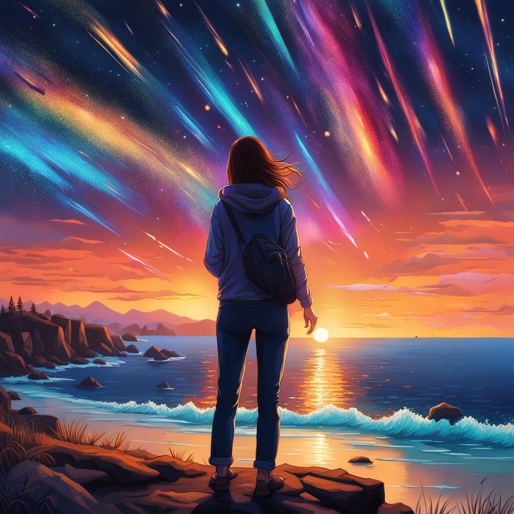 Hyperrealistic Shooting Stars Over Ocean at Night