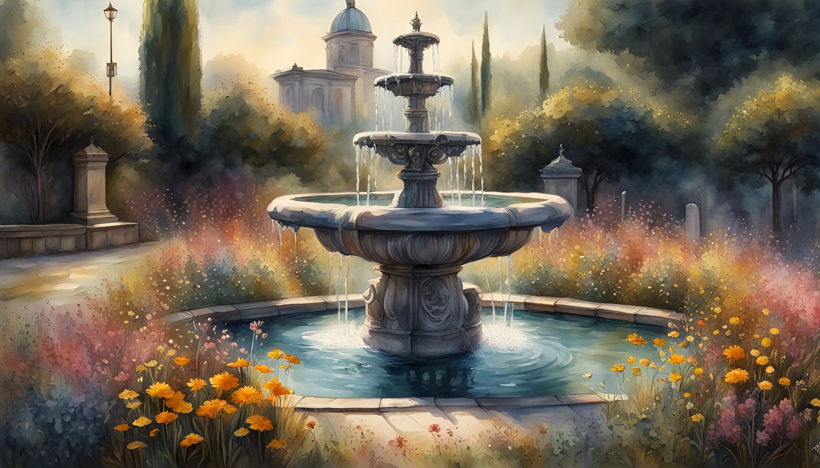Hyperrealistic Wildflowers Surround Italian Fountain