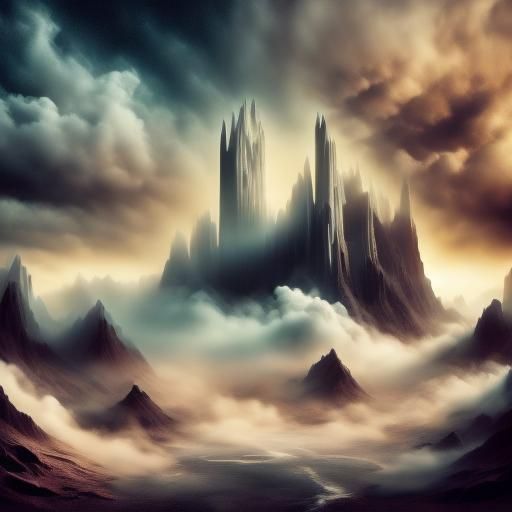 Mountain Landscape with Cat Clouds in Dark Style