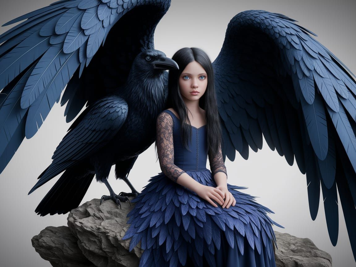 Raven-Winged Girl in Gothic Fantasy Style