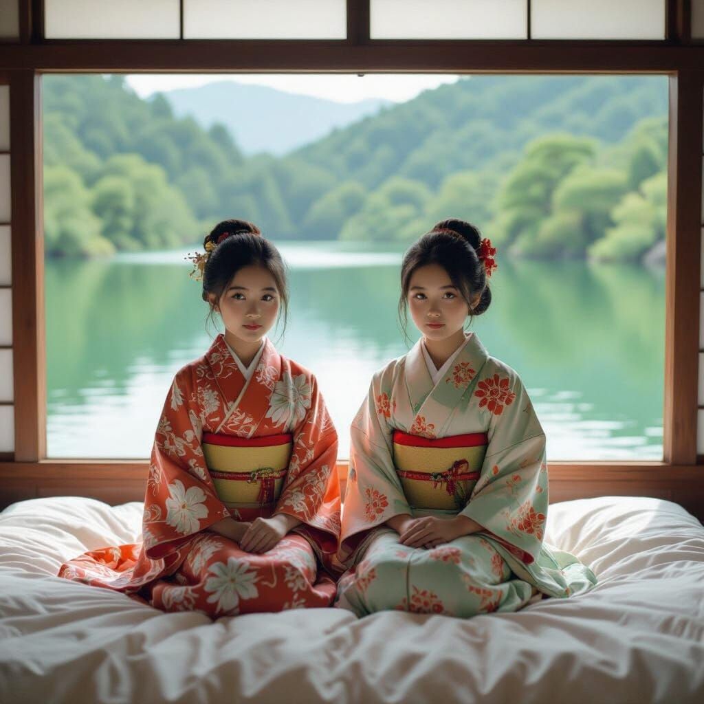 Vietnamese Girls in Kimonos by a Lake Window