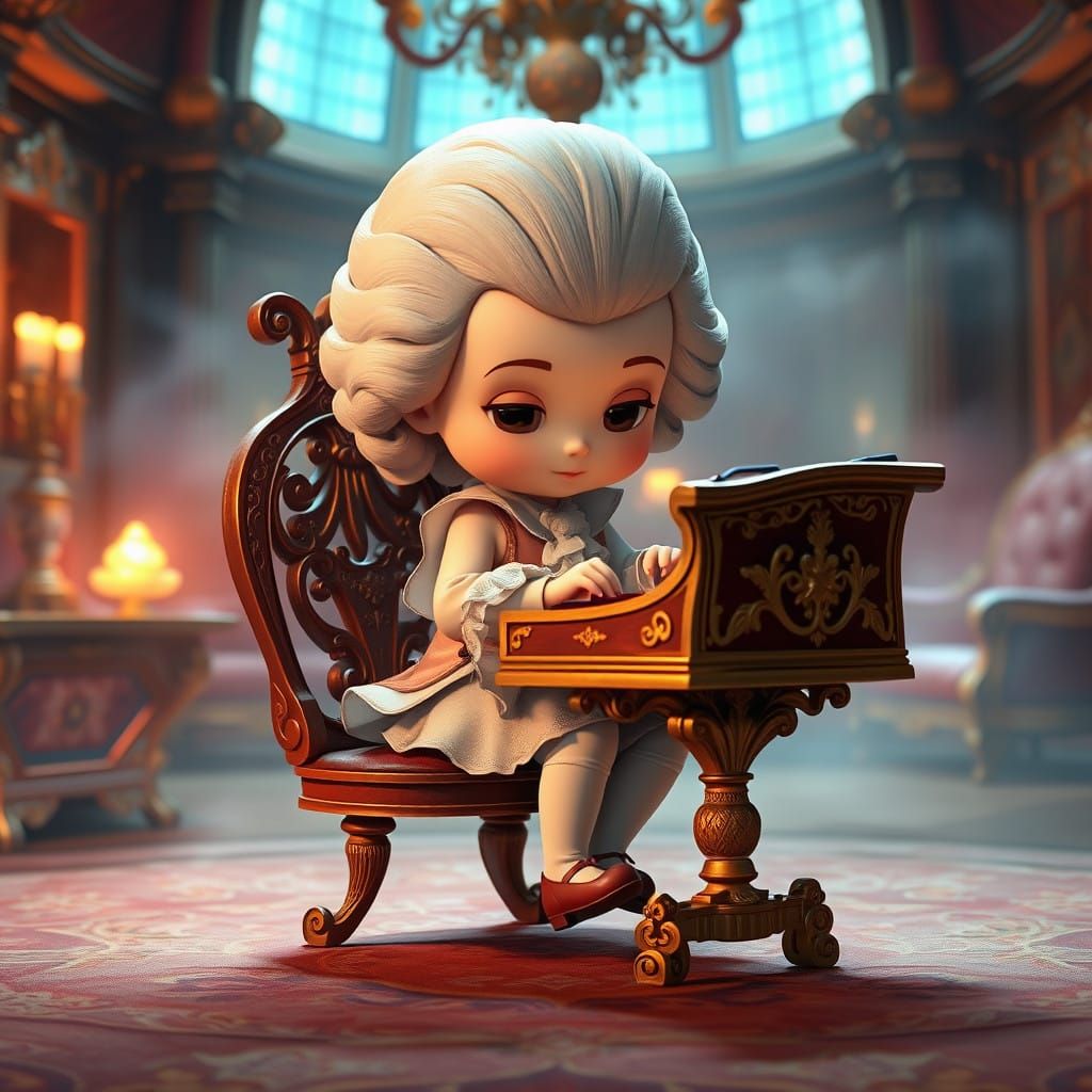 Chibi Mozart in Elegant Baroque Setting Plays Harpsichord